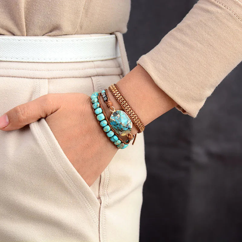 Leather W/ Stones Vintage Weaving Statement Art Chain Bracelet