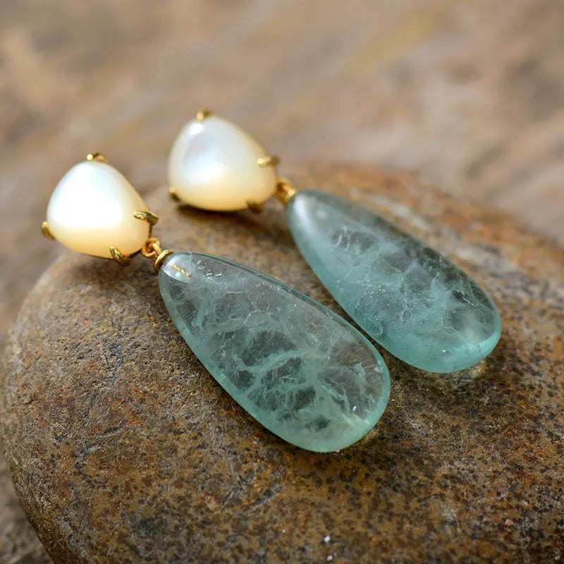 Water drop Green Fluorite Shell Stud Earrings