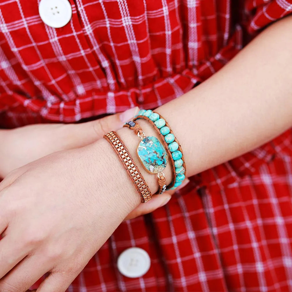 Leather W/ Stones Vintage Weaving Statement Art Chain Bracelet