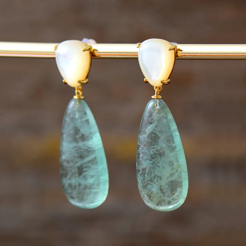 Water drop Green Fluorite Shell Stud Earrings