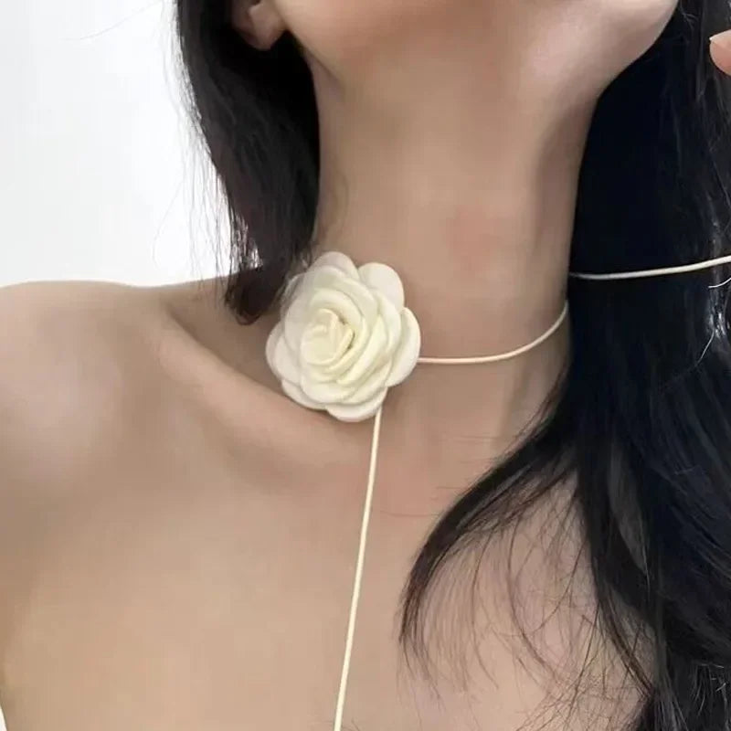 Handmade Fabric Camellia Flower Lace Necklace