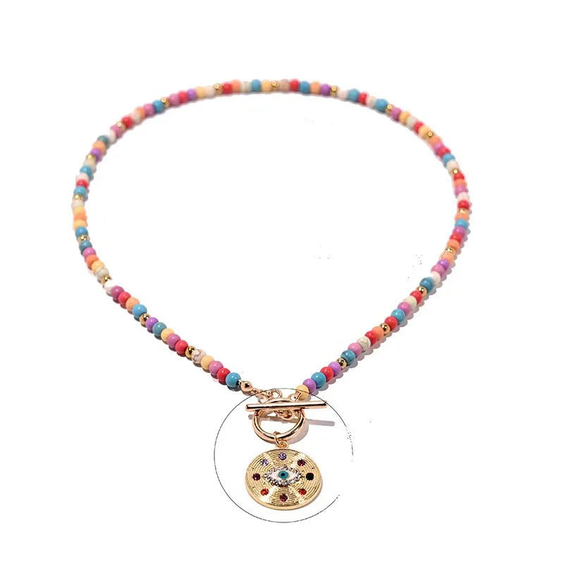 Colorful Stone Bead Evil Charm Choker Necklace