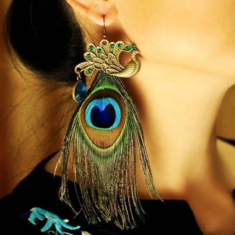 Boho Style Peacock Feather Earrings