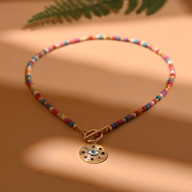 Colorful Stone Bead Evil Charm Choker Necklace